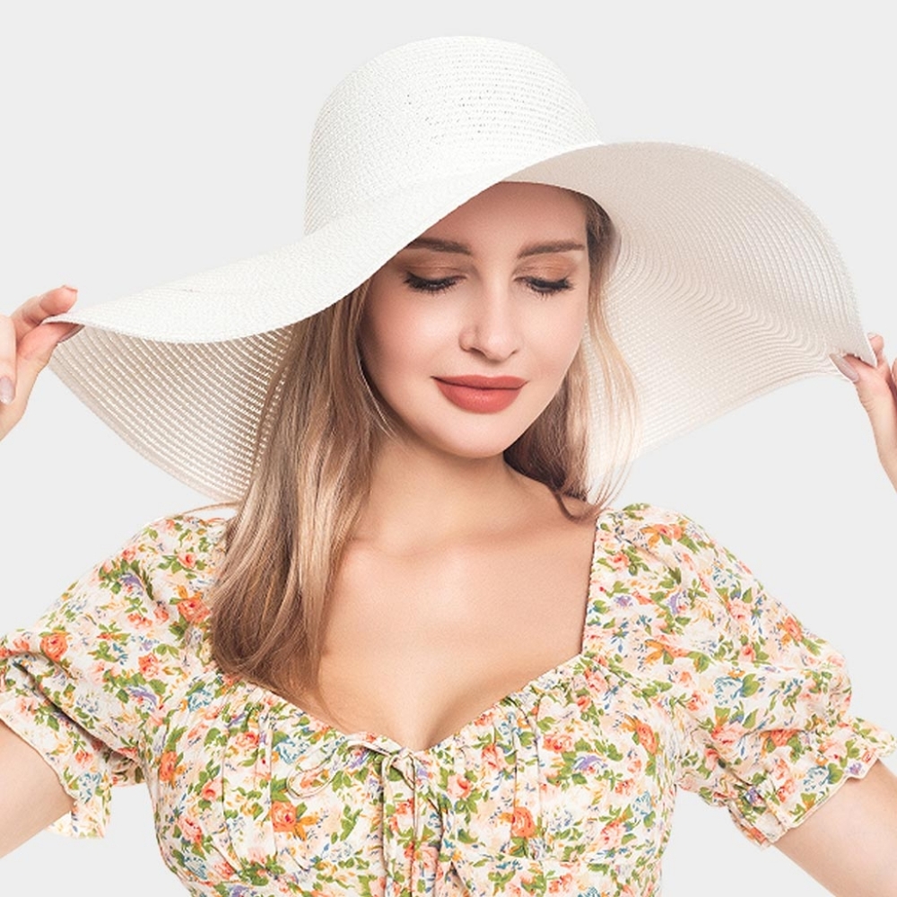 White Straw Sun Hat Brim Simple Casual Womens Beach Vacation Fashion Accessory